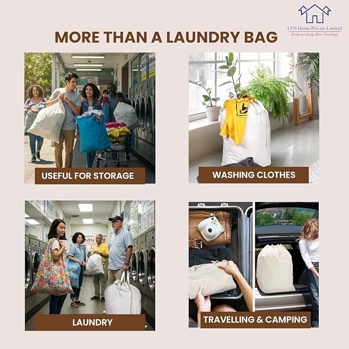 LFH Home Cotton Canvas Large Laundry Bag with Handle, Heavy Duty Drawstring Closure Washable Laundry Bags, School Travel, Home, Hotel, College Dorm, Organizer Sack, Toy Clothes 28x36 (Pack of 2)-White