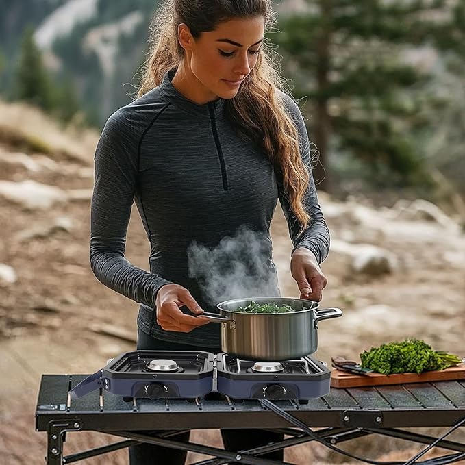 2-Burner Foldable Camping Stove with Griddle and Carrying Bag，16000 BTU Portable Propane Camp Stove with 2 Adjustable Burners & Piezo Ignition, for Camping, Home Backyard, Frying Turkey, Blue