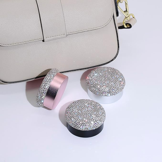 Small Pill Case 3 Compartments, Metal Round Portable Pill Box, Waterproof Travel Pill Organizer, Pocket Purse Medicine Vitamin Holder EDC Container (Rose Gold with Rhinestone)