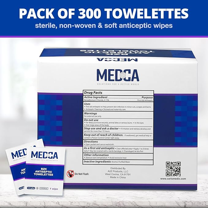Hand Wipes – (Pack of 300) Benzalkonium Chloride Swabs Individual BZK Single-Use Packets by MEDca