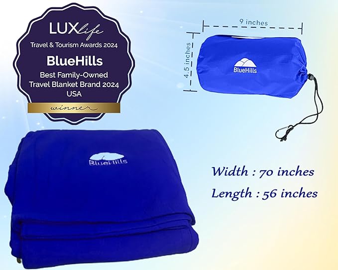 BlueHills Ultra Compact Travel Blanket 2 Pack Large Soft Cozy Portable Blanket Sheet with Carry Case and for Flight Airplane Car Layover Camping Hotel Blue C205-2PK-Royal