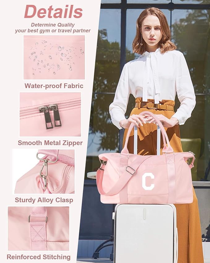 Initial Travel Duffel Bag Sports Gym Bag for Girls Teen Birthday Gifts,Pink Personalized Weekender Bag Carry On Tote Bags for Women Men,Waterproof Overnight Luggage Bag with Trolley Sleeve(Letter C)