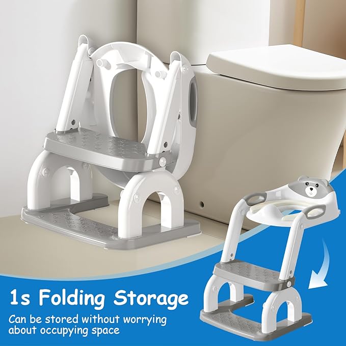 Potty Training Seat for Toddlers - Upgrade 2-in-1 Toilet Seat Toilet Ladder for Kids Children Boys Girls, Anti-Slip Pad & Adjustable Height with Waterproof PVC Cushion - Grey
