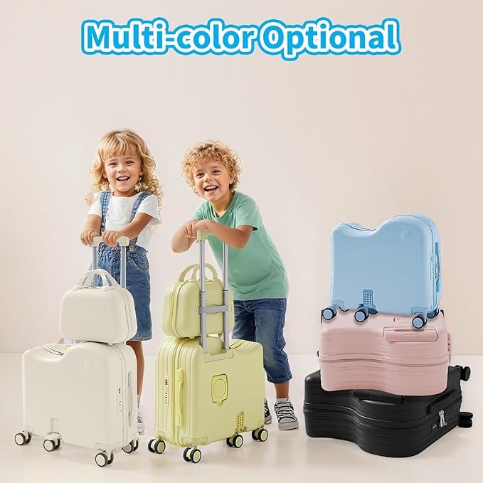 TABU Ride-on Luggage with Handbag for Kids，Hardshell Carry On Suitcase with Hidden Cup Holder, Foldable Pedal,Type-C & USB Interface, TSA Lock, 6-Spinner Wheels, Black