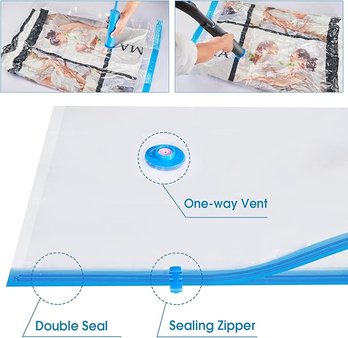 2-in-1 Space Saving Storage Bundle: Extra Large Blue Moving Bag (31.5"L) + Transparent Vacuum Compression bag with Hand Pump for Clothes, Bedding & Dorm Move-In (3 Moving Bags+3 Vacuum bags)
