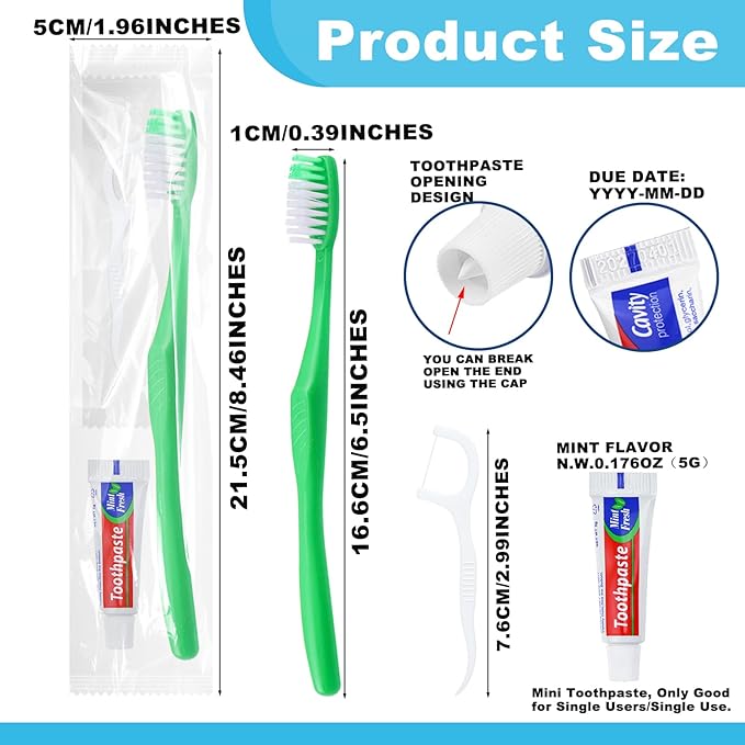 Disposable Toothbrushes with Toothpaste and Floss,200Pcs Green Single Use Individually Wrapped Disposable Travel Toothbrushes and Dental Floss Kit Bulk for Homeless,Airbnb,Hotel,Dentist