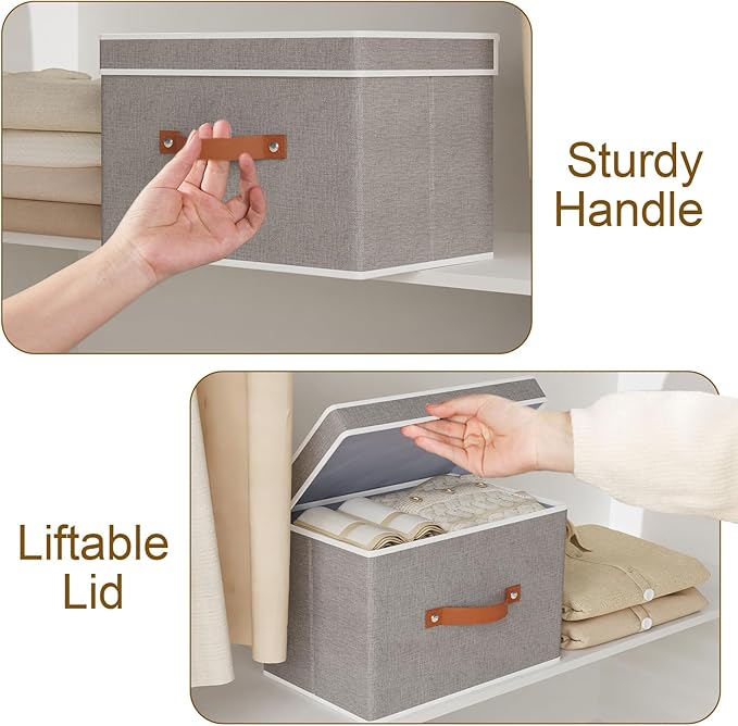 Collapsible Storage Bins with Lids, 5 Pack Linen Foldable Cloth Baskets, 15 x 9.8 x 9.8 Inch Closet Organizer Containers with Double Handles, Sweater Boxes for Bedroom, Grey