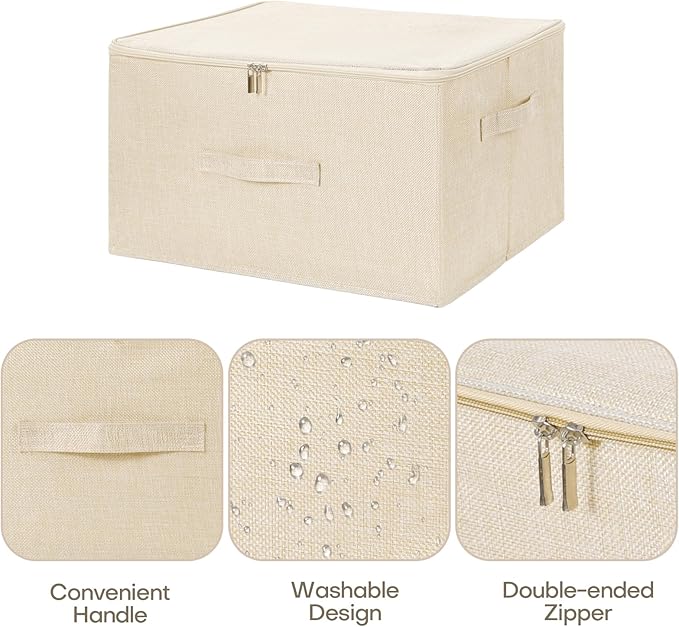 ANMINY Storage Bins with Zipper Lids 36 Qt Lidded Fabric Storage Boxes Baskets Cubes with Handles Collapsible Washable Cotton Linen Closet Shelf Clothes Organizer Containers - Beige, Large