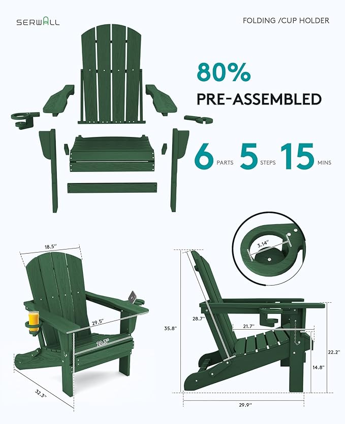 SERWALL Adirondack Chair with Cup Holders - Composite Adirondack Chairs Set of 8 HDPE Outdoor Chairs All Weather Use- Green