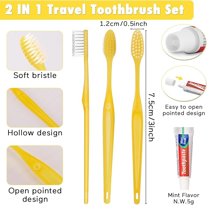 HOFASON Disposable Toothbrushes with Toothpaste Pack of 200, Yellow Hollow Travel Toothbrush Set with 5g Toothpaste Individually Wrapped Toothpaste Bulk for Homeless, Nursing Home, Shelter, Hotel