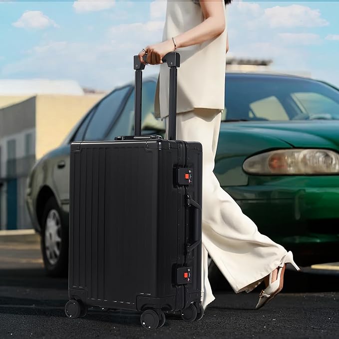 UrbanExplorer 24Inch All Aluminum Check In Luggage Heavy Duty Hard Shell Suitcases with Spinner Wheels, Zipperless Suitcase with TSA Lock, Large Luggage for Business Travel, Black