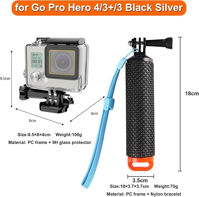 Compatible for Go Pro Hero 4/3+/3 Black Silver Waterproof Housing Case 45M/147FT Protective Underwater Diving Case Shell with Cameras Handle Mount Accessories Kit