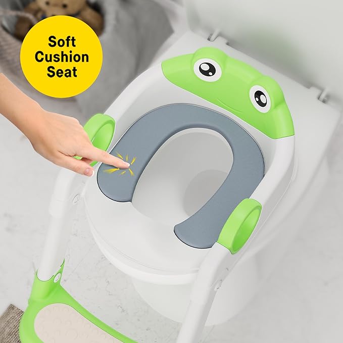 Potty Training Seat with Step Stool Ladder, Toddler Toilet Seat with PU Cushion, Adjustable 5-Level Height, Foldable Potty Training Toilet for Kids Boys Girls, Anti-Slip Pads Ladder