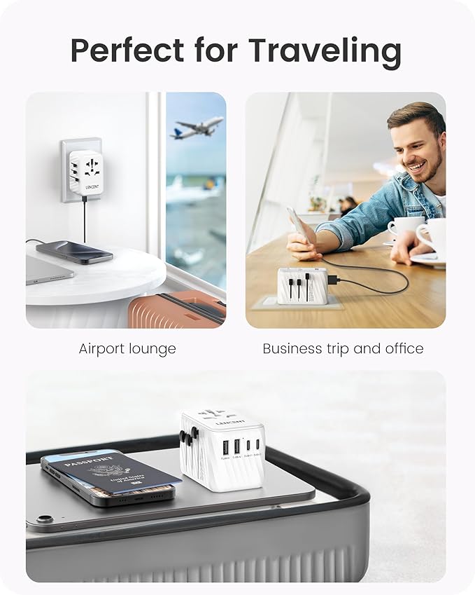 LENCENT International Travel Adapter, 65W GaN3 Universal Fast Charger with 2 USB A + 3 Type C PD, Worldwide Power Adaptor for Phones,Laptops, All in One Travel Essentials for EU/USA/UK/AU, White