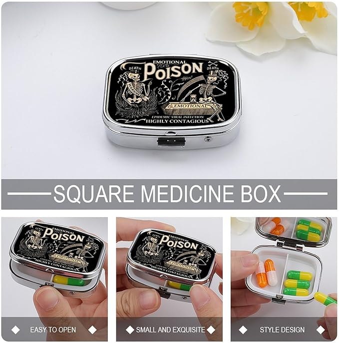 Metal 2 Compartment Pill Organizer Travel Friendly Portable Compact Pill Box Cute Pill Case to Hold Vitamins,Fish Oil,Supplements,Meds,Tablet for Purse,Pocket. (Black Background)