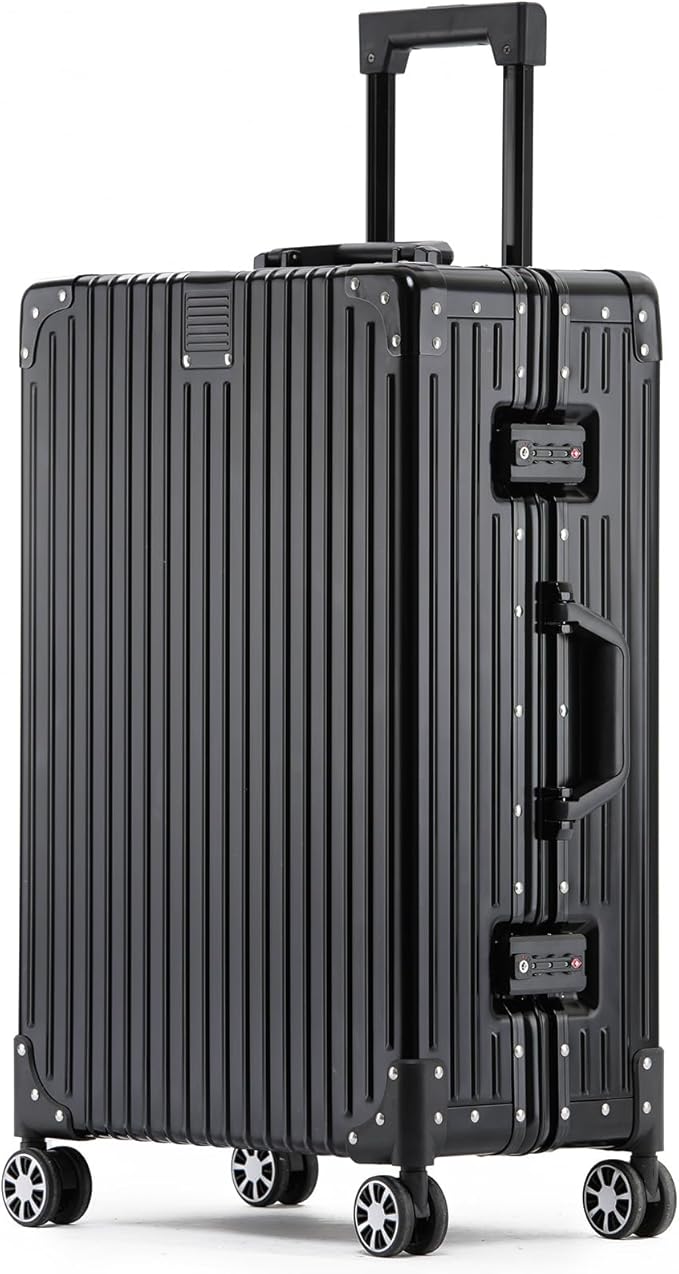 Metal All Aluminum Carry-on Luggage TSA Customs Lock Zipperless Silent Rotary Wheel Business Suitcase Aluminum Frame Set (black, 24 '')