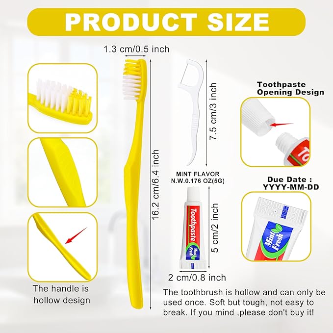 15pcs Disposable Toothbrushes with Toothpaste and Floss,Yellow Bulk Single Use Toothbrush Floss Pick Individually Wrapped Disposable Travel Toothbrushes Kit for Homeless,Airbnb,Hotel,Guest