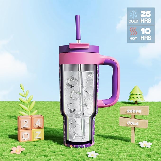 24 oz Insulated Tumbler for Kids: Spill-Proof, 2-in-1 Straw Lid, Cold for 26 Hrs, Stainless Steel Cup with Handle for School, Camping, Gift, Daily, Outdoor, Trip, Travel, Vacation (Butterfly Field)