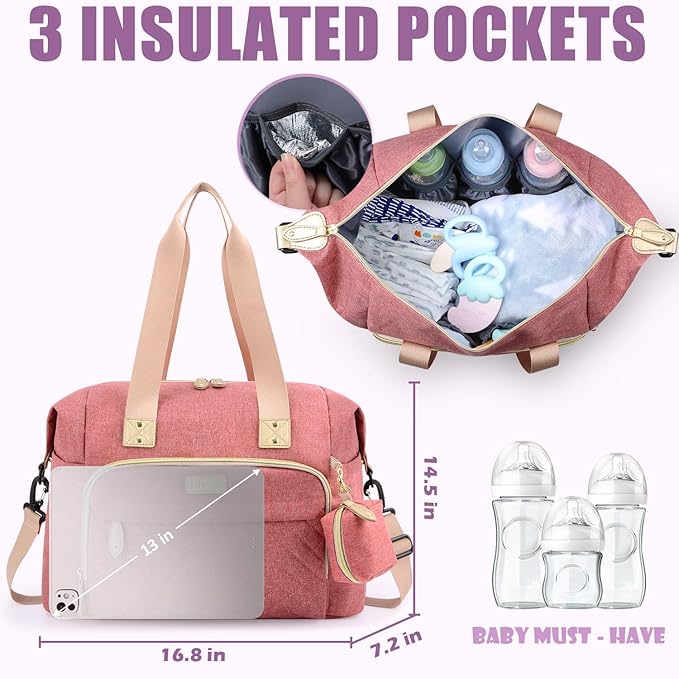 Tuwubi Diaper Bag Tote,Baby Diaper Bag with Pacifier Case Large Travel Diaper Tote Caddy for Mom and Dad Multifunction Large Baby Bag - Pink