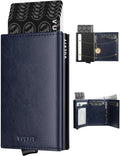 VULKIT Pop up Card Wallet Minimalist Cash Wallets RFID Blocking Leather Smart Credit Card Holder with ID window for Men(Navy)