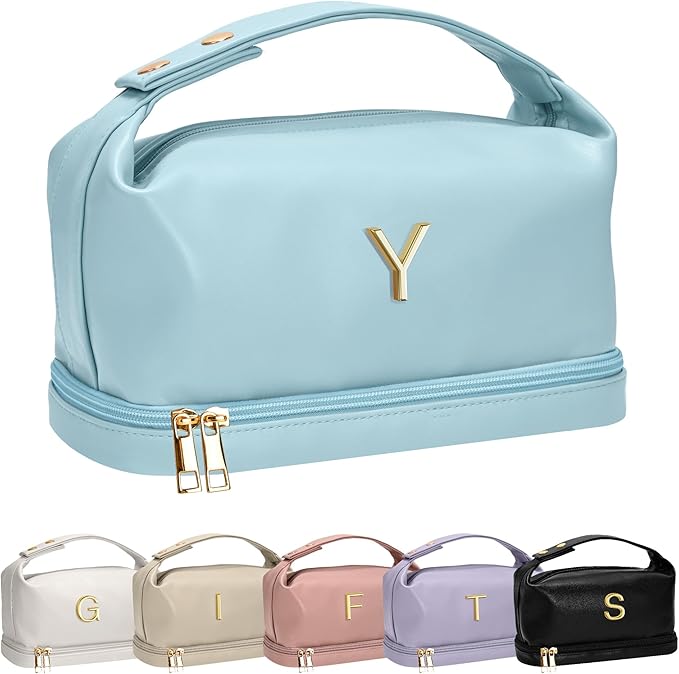 Teenage Girls Gifts Ideas, Personalized Makeup Bag with Handle, Initial Double Layer Cosmetic Bag with Makeup Brush Organizer, Gifts for Girls Teen Girls -10 11 12 13 14 15 16 17 18 Year Old