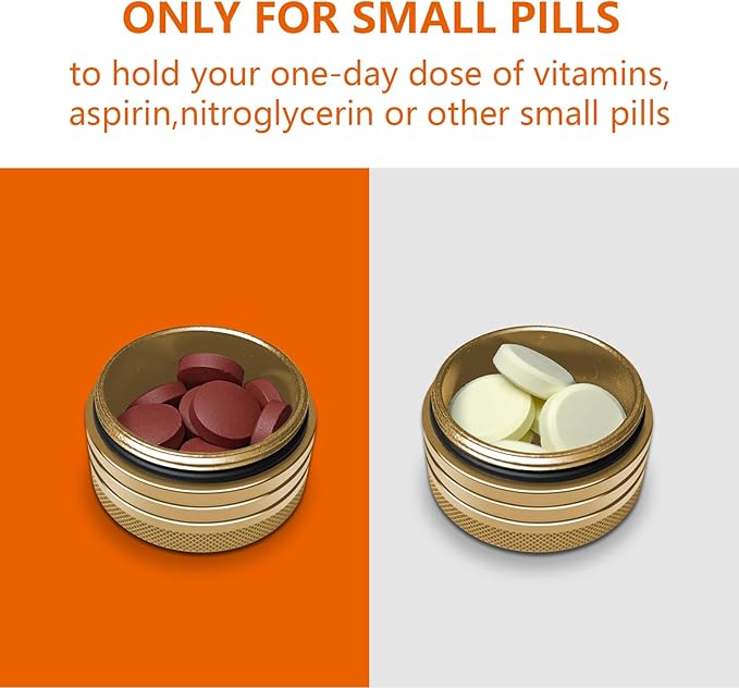Small Pill Box, Portable Daily Box, Aluminium Alloy Round Container for Pills, Pocket Case (Gold)