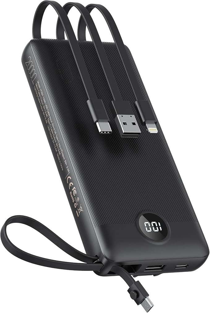 VEEKTOMX Portable Charger with Built-in Cables, 20000mAh Power Bank for iPhone, Fast Charging USB C Battery Pack, Travel Essentials Powerbank Compatible with iPhone, Samsung, Android, etc