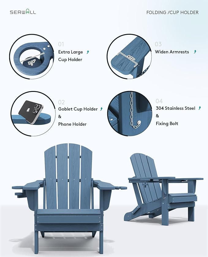 SERWALL Folding Adirondack Chair, HDPE Adirondack Chairs Set of 6, Plastic Outdoor Chairs- Looks Exactly Like Real Wood- Navy