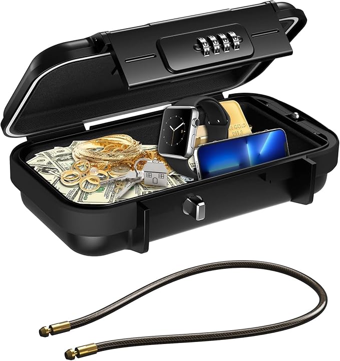 AMIR Portable Safe Box, Combination Security Case LockBox with Code, Waterproof Anti-Theft Mini Travel Safe Box with Removable Chain, Portable Lock Box for Home, Office, Christmas