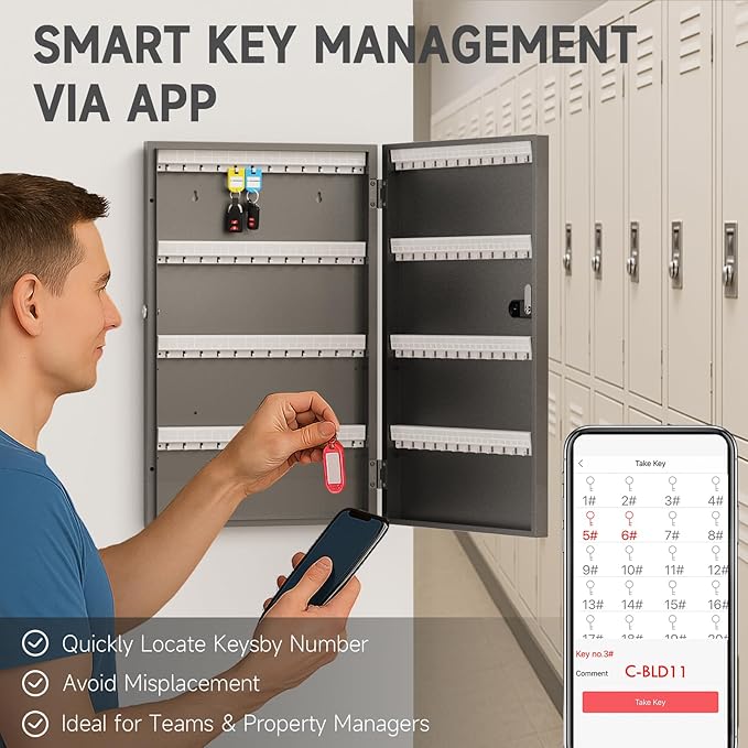 WeHere Key Lock Box Wall Mount(96 Keys), Key Cabinet Security Combination Lockbox with Key Tags, Digital Code Key Storage Lockbox,APP Key Management System for Valets, Hotels, House