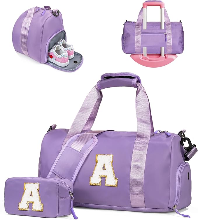 Gifts for 4 5 6 7 8 9 10 11 Year Old Girls-Girl Gym Bag with Shoe Compartment, Kid Personalized Weekender Overnight Bags, Initial Travel Tote with Makeup Pouch, Graduation Gift (Letter A)