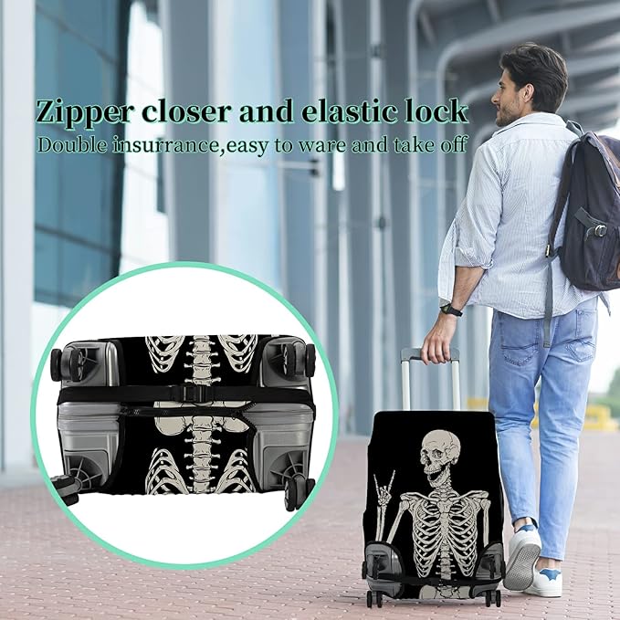 Luggage Cover Plus - Suitcase Protector with Rock Skull Travel Design, XL Size (29-30 Inch), Dustproof, Anti-Scratch, Washable Elastic Cloth, Concealed Zipper, Includes Luggage Tag