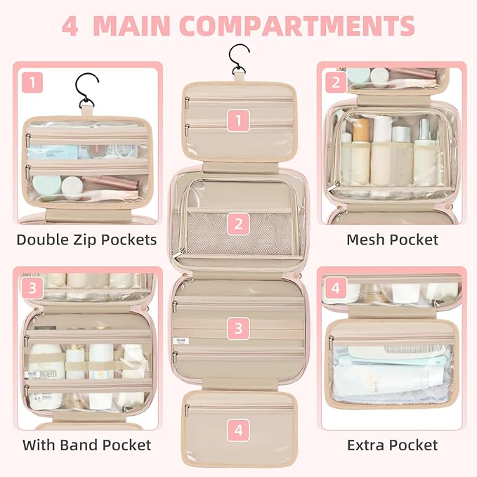 BAGAIL Hanging Toiletry Bag for Women Water-resistant Cosmetic Bag Large Capacity Travel Makeup Organizer for Full-Sized Travel Essentials(Classic+Jewelry Bag, Pink)