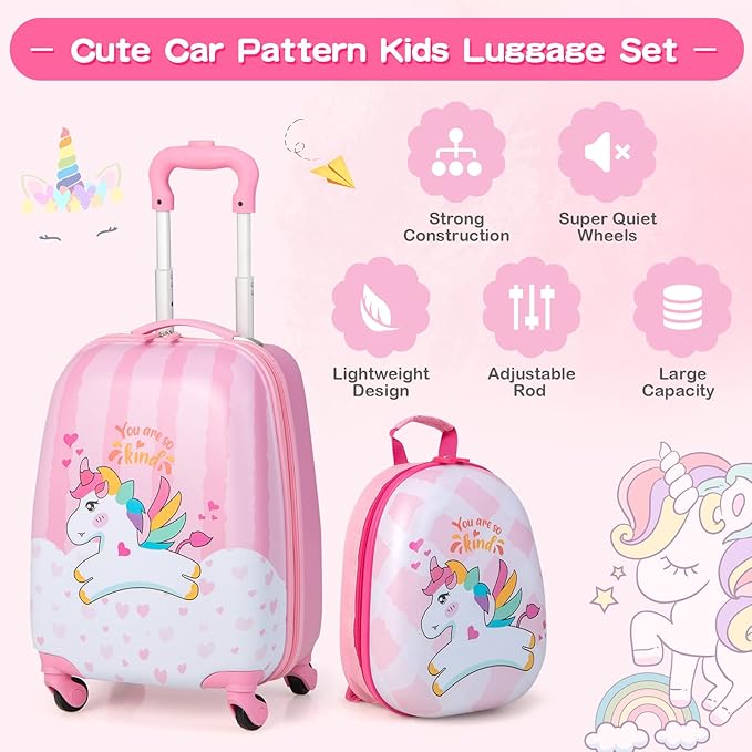 HONEY JOY Kids Luggage, 12" Toddler Backpack & 16" Travel Suitcase with Wheels, Lightweight Toddler Girls Suitcase, Durable ABS Hardshell, 2Pcs Carry On Luggage Set for Boys Girls(White Horse)
