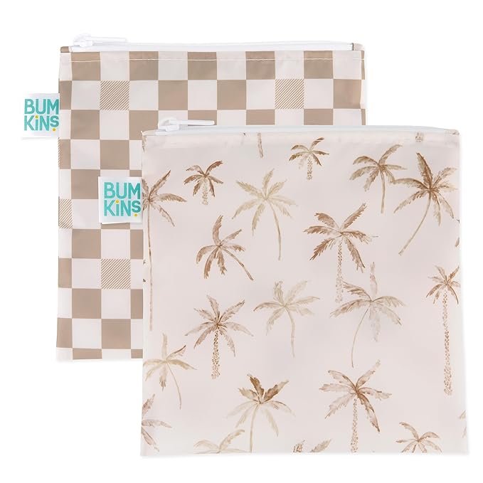 Bumkins Reusable Sandwich and Snack Bags, for Kids School Lunch and for Adults Portion, Washable Fabric, Waterproof Cloth Zip Bag, Travel Pouch, Food-Safe, Large 2-pk Palm Trees, Check