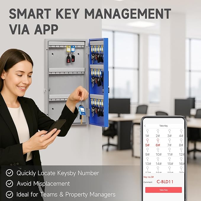 WeHere 48 Key Lock Box Wall Mount, APP Bluetooth/OTP/Wi-Fi Remote/Fixed Code/Key Unlock, Smart Key Cabinet, Key Organizer Holder Box, Key Management Directory for Apartment, Hotel, Office, House