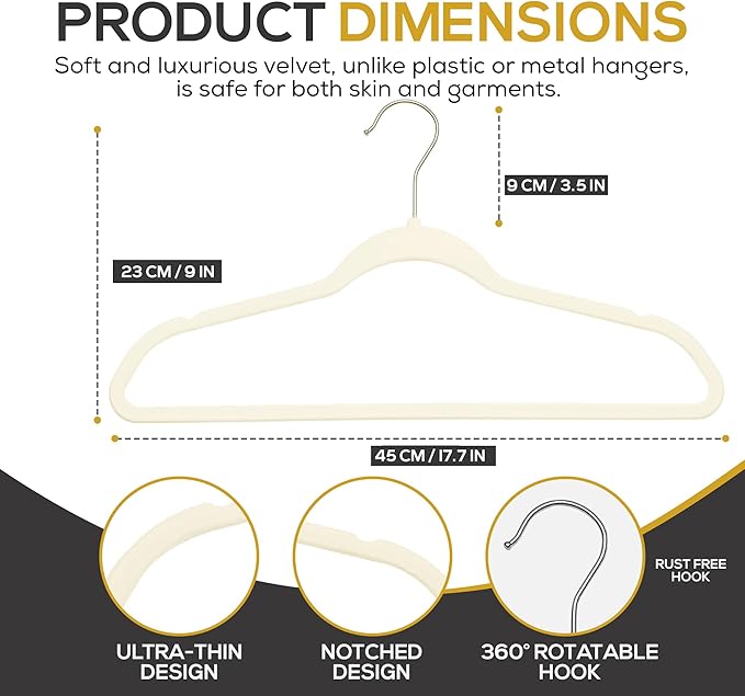 Premium Ivory Velvet Hangers 30 Pack – Space Saving Felt Hanger, Non Slip Clothes Hangers for Closet, Heavy Duty Hanger for Coats, Shirts & Pants, 360° Swivel Hook, Hold Up to 10lbs