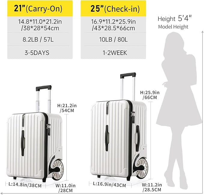 Extra Large Wheels Carry On Luggage Hard Shell Suitcase Top Opening Hardside Frame Travel Luggage with TSA Lock (White, 21-Inch)