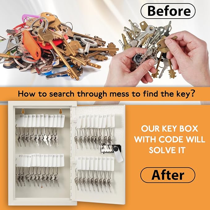KYODOLED Key Storage Lock Box with Code, 40 Key Holder Wall Mount Cabinet with Combination Lock, Key Hooks & Tags Labels, 2.5" D x 8.1" W x 12.1" H, White