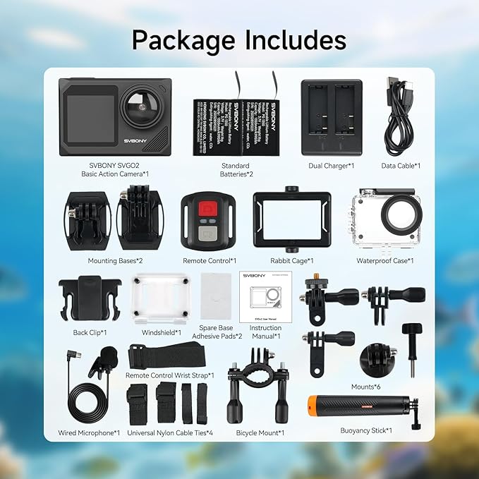 SVBONY SVGo2 Action Camera 4K30FPS 50MP, 5X Zoom Touch Screen Sports Camera, Waterproof Cameras,6-Axis EIS with Floating Selfie Stick, Wired Microphone, 2 Batteries, for Sports Vlog
