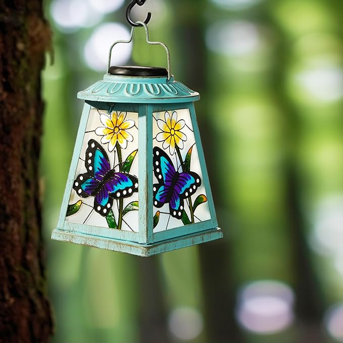 Butterfly Solar Lantern with Shepherd Hook, Outdoor Hanging Metal LED Garden Light Waterproof for Patio Yard Pathway, Unique Butterfly Lantern Decor and Meaningful Garden Gift for Mom Grandma Women