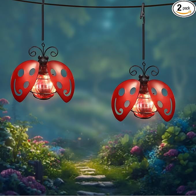 2 Pack Lady Bug Solar Outdoor Hanging Lantern Creative Small Sculpture Lights Durable Waterproof Lamp Suitable for Festivals Garden Decor Birthday Gifts for Grandma Mom Women Girl