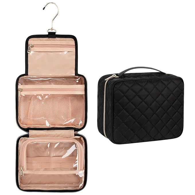 CUBETASTIC Hanging Travel Toiletry Bag, Makeup Bag for Women Girls, 3 Comparment Small Travel Bag Rhombus Quilted Cosmetic Organizer Case Portable Skincare Pouch with Handle