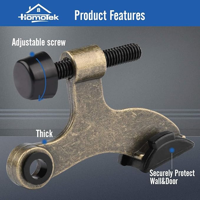 HOMOTEK 24 Pack Hinge Pin Antique Brass Door Stopper, Adjustable Deluxe Heavy Duty Door Stopper 2-1/2"x1-3/4”, with Black Rubber Bumper Tips