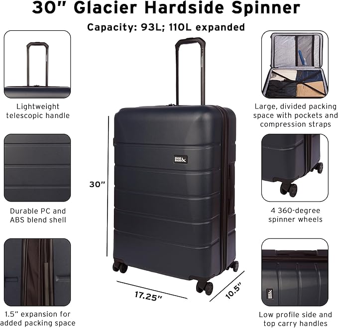 Eddie Bauer Glacier Carry-On 22" Luggage | Hardside | Spinner Wheels | Expandable | Lightweight | Travel Essentials - Carbon Grey