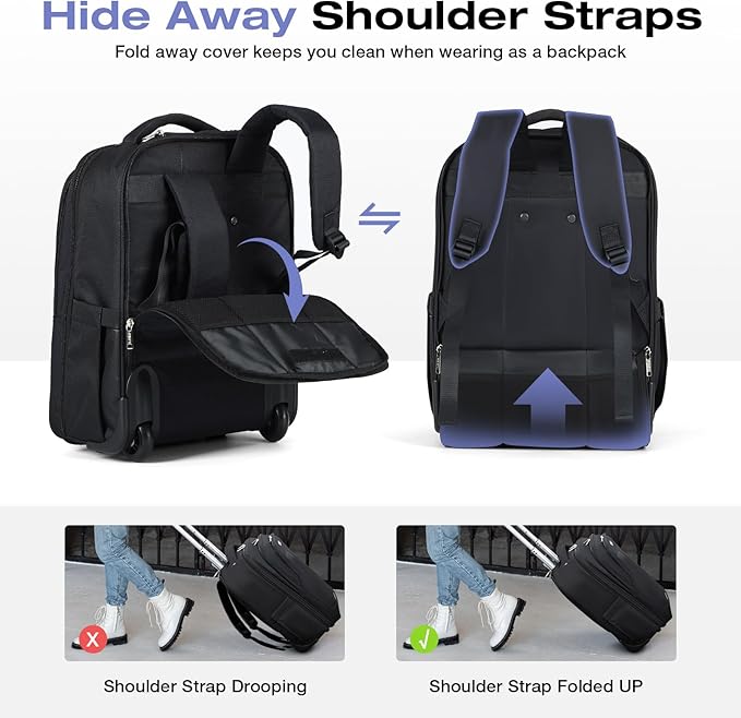 Rolling Backpack for Adults,18 Inch Waterproof Carry-on Back pack with Wheels, Wheeled Carry-on Luggage, Travel Bag for Men Women， Trolley Laptop Backpacks, Black Large