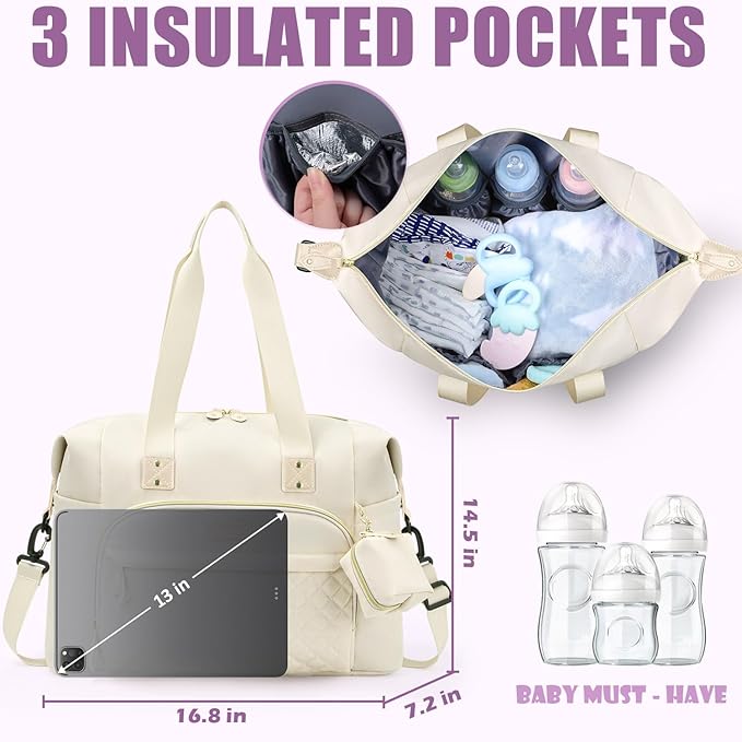 Tuwubi Diaper Bag Tote,Baby Diaper Bag with Pacifier Case Large Travel Diaper Tote Caddy for Mom and Dad Multifunction Large Baby Bag - White