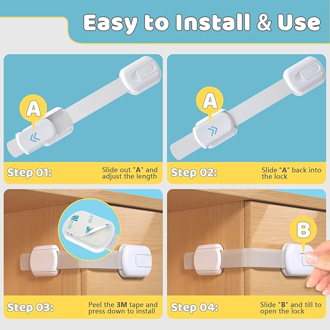 4our Kiddies 10 Pack Baby Proof Cabinet Latches, Childproof Drawer Latches with 6 Extra 3M Adhesives, Adjustable Child Safety Cabinet Strap Locks, Baby Drawer Locks for Kids and Child Safety