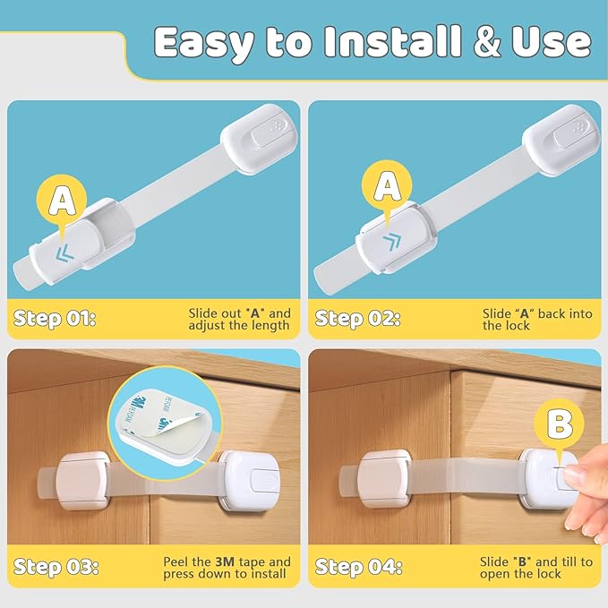 4our Kiddies 14 Pack Baby Proof Cabinet Latches, Childproof Drawer Latches with 12 Extra 3M Adhesives, Adjustable No Drilling Child Safety Cabinet Locks Straps Baby Drawer Locks for Kids Baby Safety