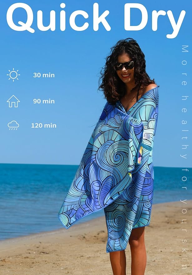 Microfiber Thin Lightweight Flat Beach Towel Sand Free Quick Dry Absorbent Compact Towels for Swimming Pool Camping Beach Accessories Large Easy Pack Travel Things for Vacation Essentials Adult Gift